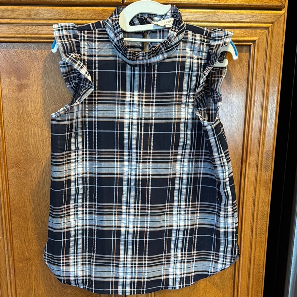 LOFT Black and White Plaid Blouse with Ruffled Details - Size XS